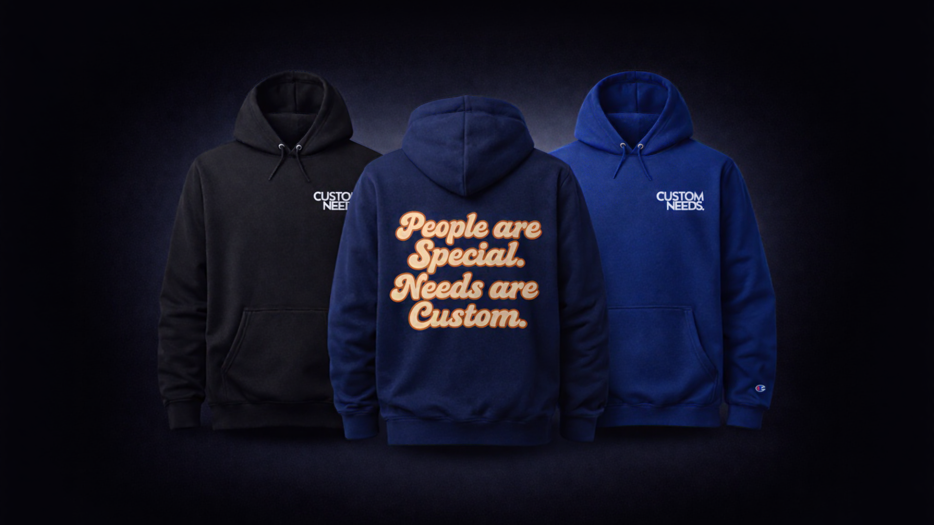 Three hoodies in black, blue, and red with text on a dark background